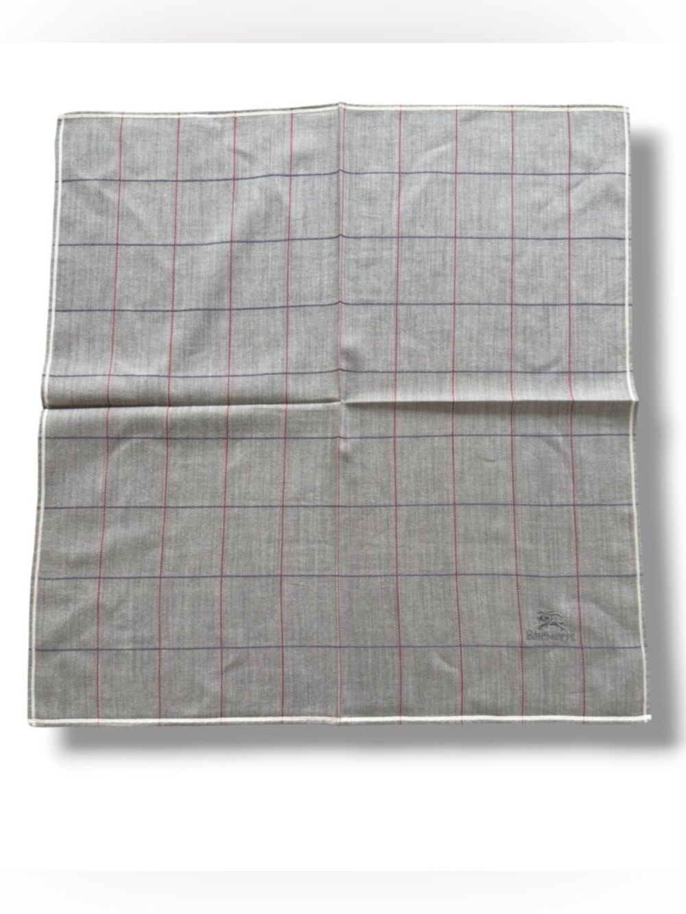 Burberry’s Grey Windowpane Herringbone Pocket Square with Red Purple & Blue Line - Picture 2 of 13